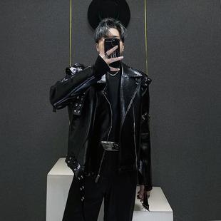 黑色皮衣夹克男 领短款 小众高级机车外套男秋季 不规律解构设计西装