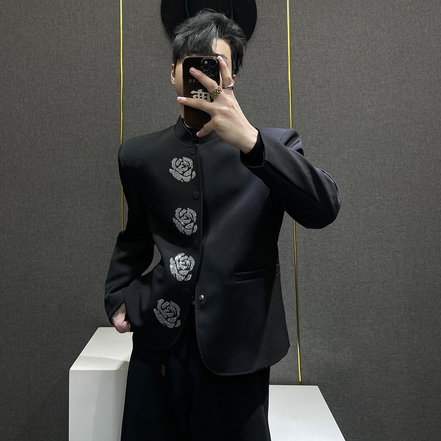 新中式立领黑色西装外套男高级感