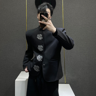 外套男高级感小众烫钻花朵重工垫肩西服 立领黑色西装 鹿鹿 新中式