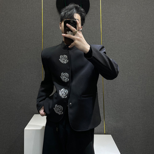 新中式立领黑色西装外套男高级感