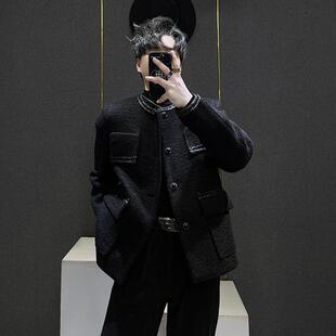 设计款黑色编织小香风毛呢外套男款秋冬季高级感轻奢短款垫肩夹克