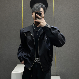 鹿鹿 外套男生高级感痞帅 小众设计感黑色翻领夹克男宽松拉链短款