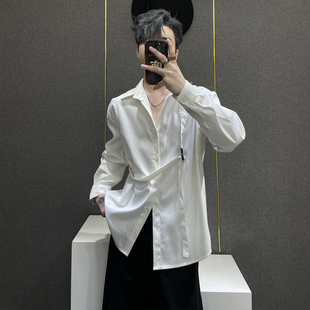 鹿鹿/小众设计感飘带卡扣装饰长袖衬衫男白色宽松高级感垂感衬衣