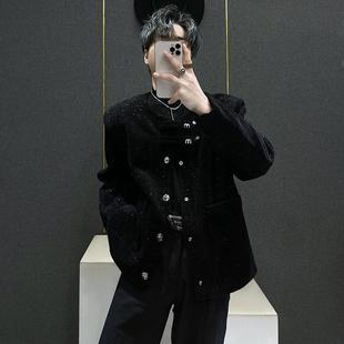 小众设计感垫肩黑色小香风外套男秋冬新款 痞帅高级感无领夹克上衣