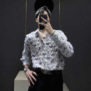 春夏时髦痞帅长袖 2024新款 衬衣潮 男士 高级感小众蝴蝶毛边流苏衬衫