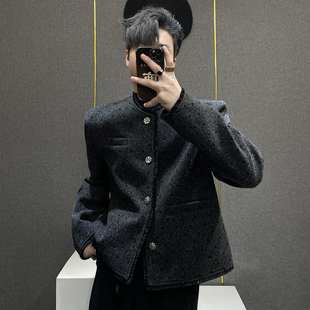 鹿鹿 轻奢高级设计感毛边小香风无领夹克男宽松廓形高级感外套男