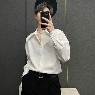 长袖 宽松男士 打底衬衣休闲 男高级感潮设计感韩版 纯色百搭垫肩衬衫