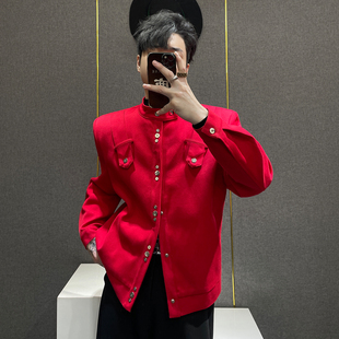 鹿鹿 宽松休闲百搭金属扣垫肩朋克外套 高级感立领红色夹克男秋季