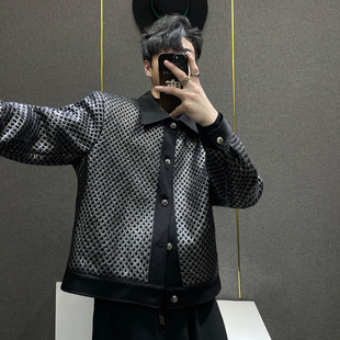 鹿鹿 小众高级设计感镂空网格拼接翻领夹克男生痞帅潮流宽松外套