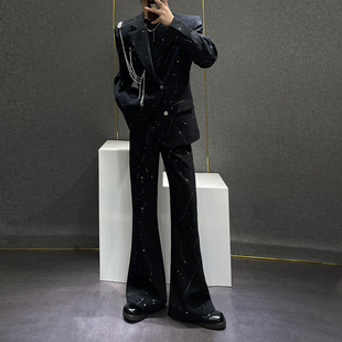 男高级痞帅宽松垫肩西装 饰满天星西服套装 外套 设计感链条装 鹿鹿