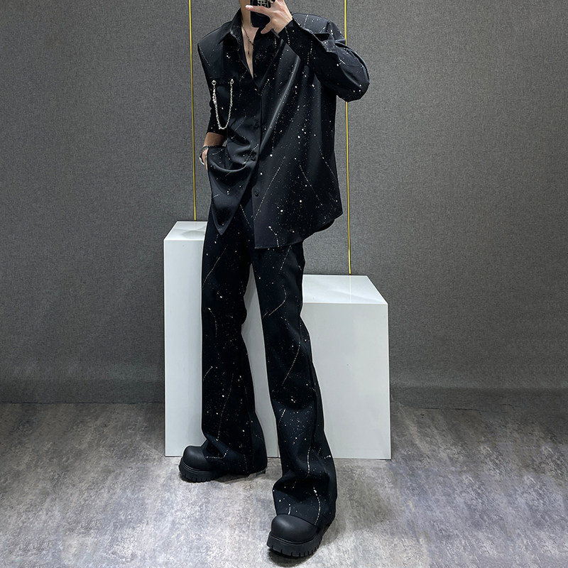 鹿鹿/夏季冰丝泼墨星空设计感衬衫套装男小众宽松垫肩衬衫两件套,男装,时尚套装,淘宝优惠券,粉丝福利购,淘宝优惠卷