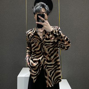 夏季 男士 冰丝条纹大尖领垫肩宽松衬衣 小众复古斑马纹花衬衫 鹿鹿