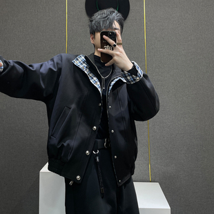 鹿鹿 小众假两件格纹拼接翻领加厚夹克男秋冬夹棉保暖休闲外套男