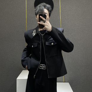 宽松短款 饰夹克男痞帅秋季 潮牌外套潮 小众重工高级感金属装 鹿鹿