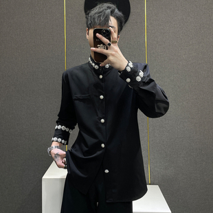 衬衫 饰黑色长袖 男高级感宽松垫肩衬衣潮 小众重工轻奢珍珠装 鹿鹿