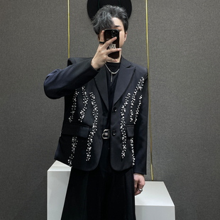 轻奢西服 外套男小众设计感时尚 鹿鹿 高级感重工钉珠刺绣黑色西装