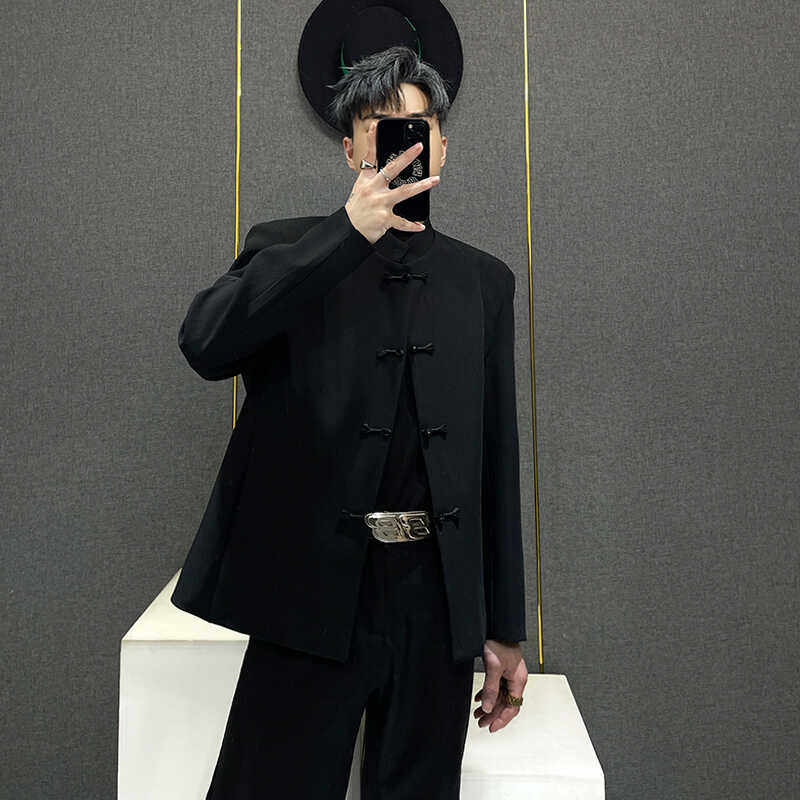 新中式立领西装外套男春秋款潮牌中国风修身盘扣西服高级感中山装
