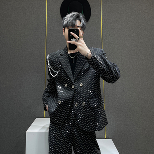 男ins小众痞雅短款 套装 链条西服两件套 高级感满天星烫钻西装 鹿鹿