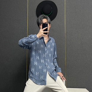 ins休闲高级感时尚 小众设计感H字母长袖 春秋款 男装 潮流衬衣潮 衬衫