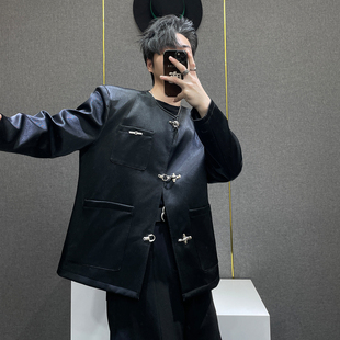 夹克男 高街设计感飞机扣皮衣外套男高级感垫肩西装 鹿鹿 小众美式