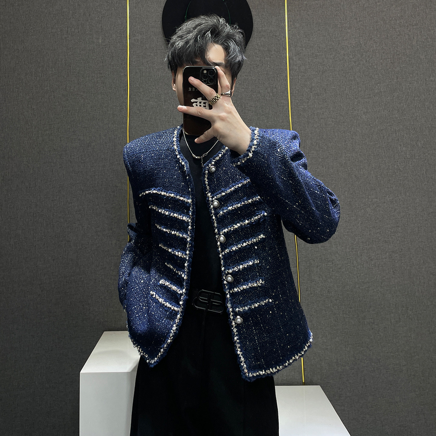 鹿鹿/设计感钉珠装饰小香风短款外套男高级痞帅气垫肩粗花呢夹克