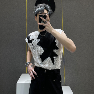 鹿鹿 宽松休闲坎肩上衣潮牌 小众设计感破洞拼接背心男高级感夏季