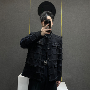 鹿鹿 小众高级设计感格纹流苏小香风外套男痞帅轻奢垫肩黑色夹克