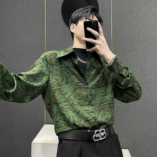 炸街男长袖 花衬衫 高级感印花痞帅潮流宽松百搭美式 春夏季 衬衣 男士