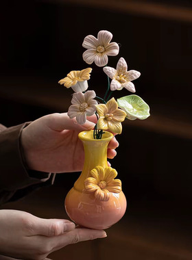 手工捏花陶瓷花搭配花瓶小清新文艺摆件家用客厅插花家居插干花