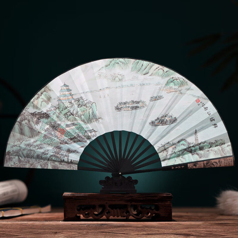 tatanice扇子折扇 中国风古典10寸男扇绢布扇生日礼物 锦绣西湖