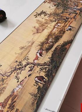 世宁 百骏图 复古书Y画鸟兽写真国画真迹微喷彷古复制手卷装饰画
