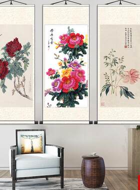 画牡丹图o家居客厅装饰荣华富贵花鸟画丝绸条幅壁画酒店玄关挂画