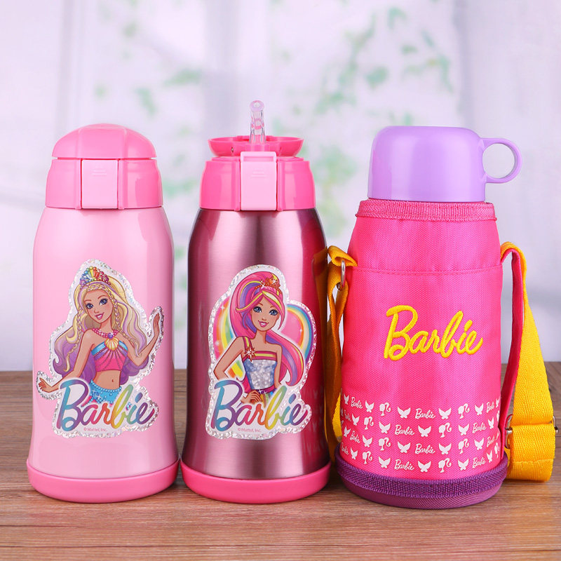 芭比卡通保温杯儿童吸管倒水俩用水壶食品304不锈钢带杯套女水杯