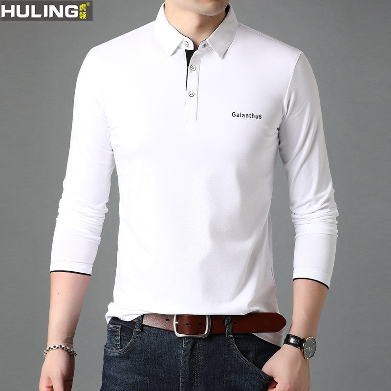 春秋季男士长袖T恤纯棉翻领中青年打底初秋polo衫领男装舒适上衣