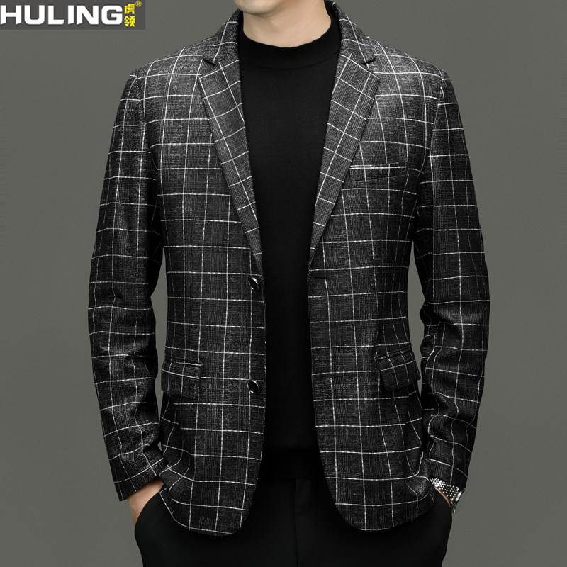 春秋季新款真皮皮衣男士绵羊皮西装商务休闲格子中年男装西服外套