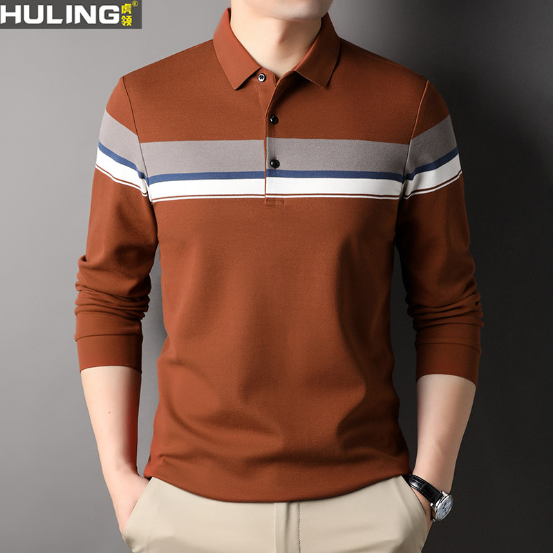 长袖纯棉t恤男士春秋季翻领条纹上衣商务polo衫男装休闲打底衫