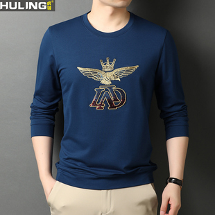 圆领长袖T恤丝光棉春秋季新款宽松休闲打底潮流刺绣飞鹰男装上衣