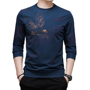 春秋季长袖t恤男装飞鹰宽松打底衫薄款中青年圆领上衣男士T恤潮流