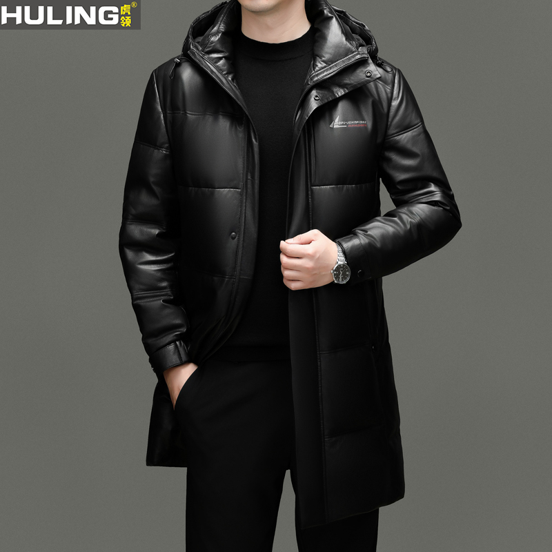 虎领男士冬季真皮羽绒服连帽中长款绵羊皮外套保暖鹅绒风衣外套厚