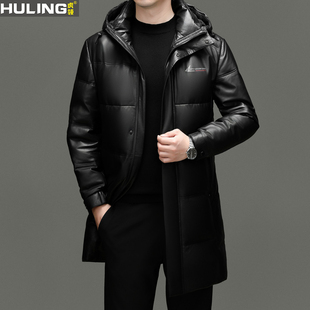 虎领男士冬季真皮羽绒服连帽中长款绵羊皮外套保暖鹅绒风衣外套厚