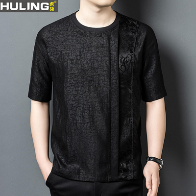 轻奢100%桑蚕丝短袖T恤男装夏季新款中年宽松圆领龟裂纹国风上衣