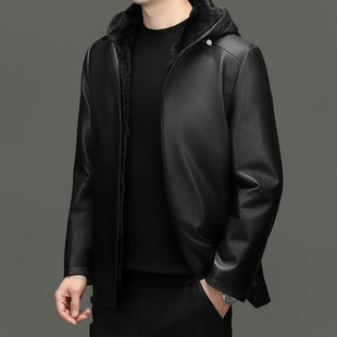 中老年冬季皮衣男加绒加厚款带毛领皮衣男冬季爸爸保暖时尚皮夹克