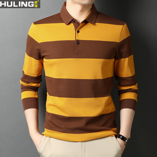 100%纯棉长袖翻领t恤新款春秋季中年时尚休闲条纹宽松男装polo衫