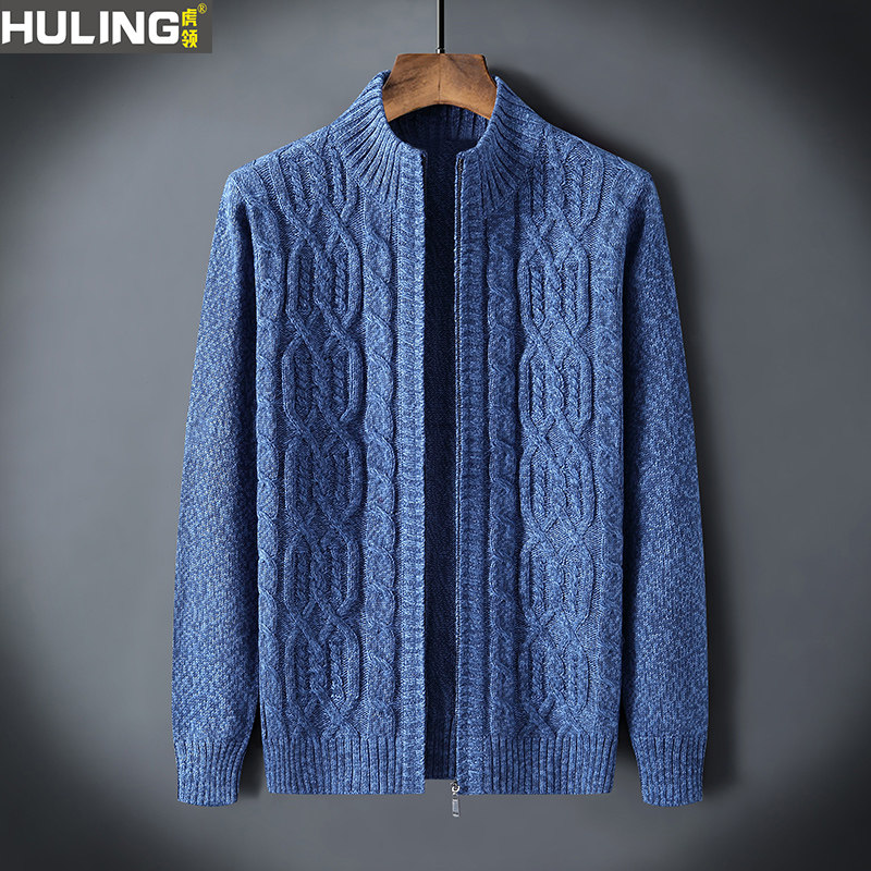 男士针织外套休闲中年秋冬季新款潮宽松纯色男装夹克加绒加厚毛衣