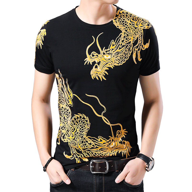 夏男士短袖t恤中国风龙图案绣花棉质半袖中青年修身体恤衫潮男装