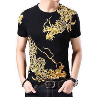 夏男士短袖t恤中国风龙图案绣花棉质半袖中青年修身体恤衫潮男装