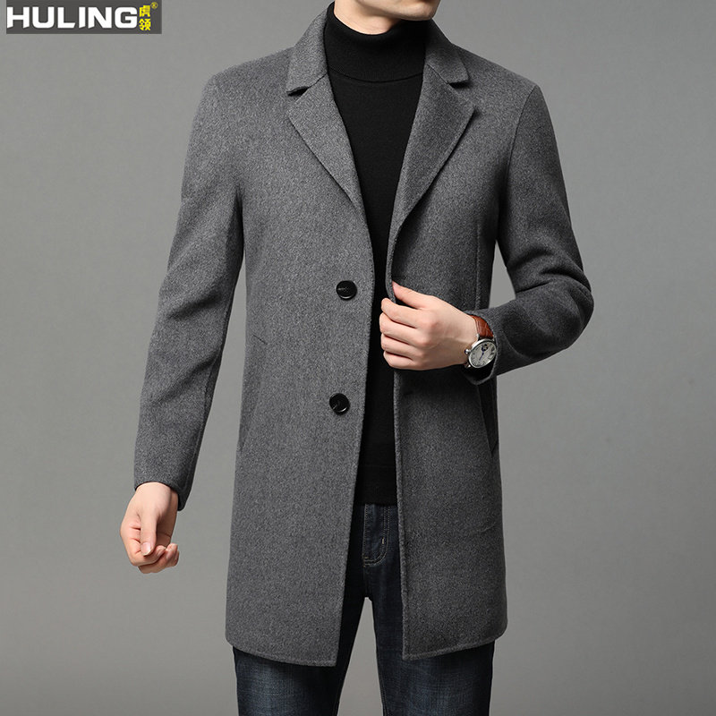 加厚双面尼羊毛大衣男士中长款黑色西装领宽松毛呢子风衣外套男