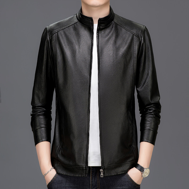 中年男士休闲皮衣外套春秋季薄款皮夹克PU皮爸爸装时尚新款男装
