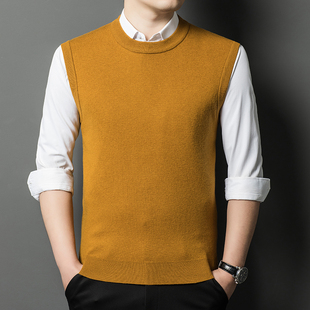 毛衣 无袖 100%羊毛背心男士 秋冬纯色加厚圆领坎肩针织毛线马甲男装