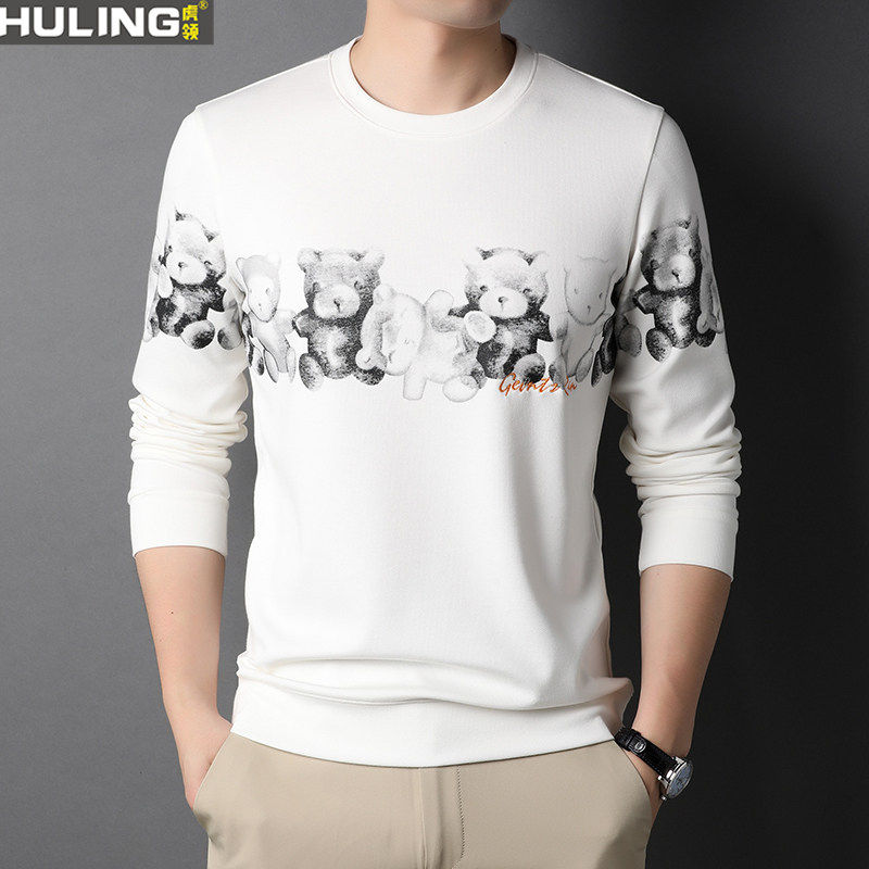 男士长袖t恤衫春秋新款青年百搭修身个性小熊卫衣潮流圆领打底衫